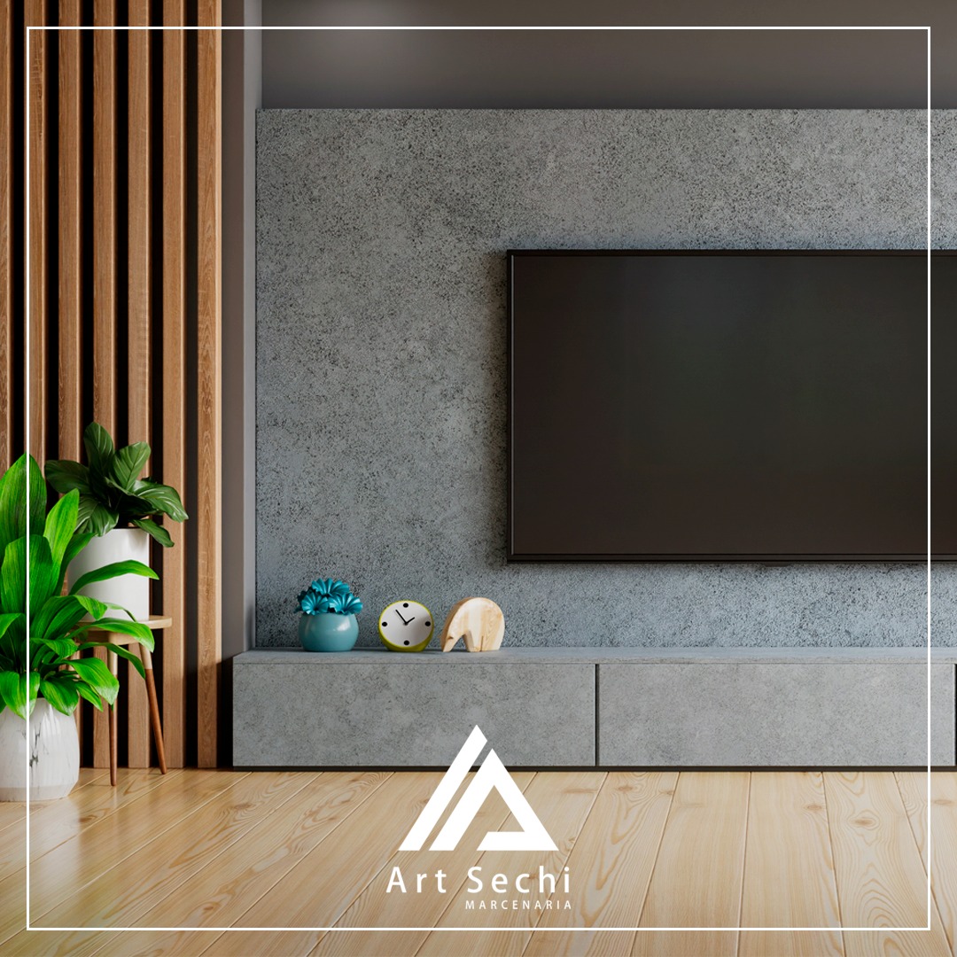 Sala planejada com painel de TV em madeira